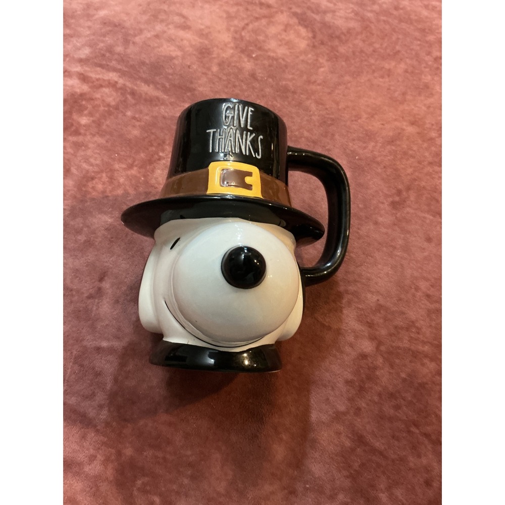 Rae Dunn Peanuts Snoopy Give Thanks Pilgrim Hat Ceramic Mug Thanksgiving Black
